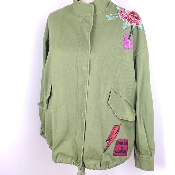 BASIC house women floral embroidred patch khaki green jacket size XS - Picture 4 of 16